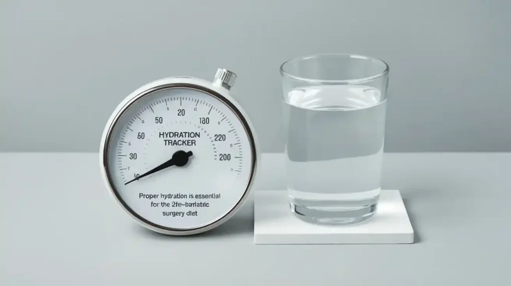 Hydration tips for the 2 week pre bariatric surgery diet, with a glass of water and a hydration tracker