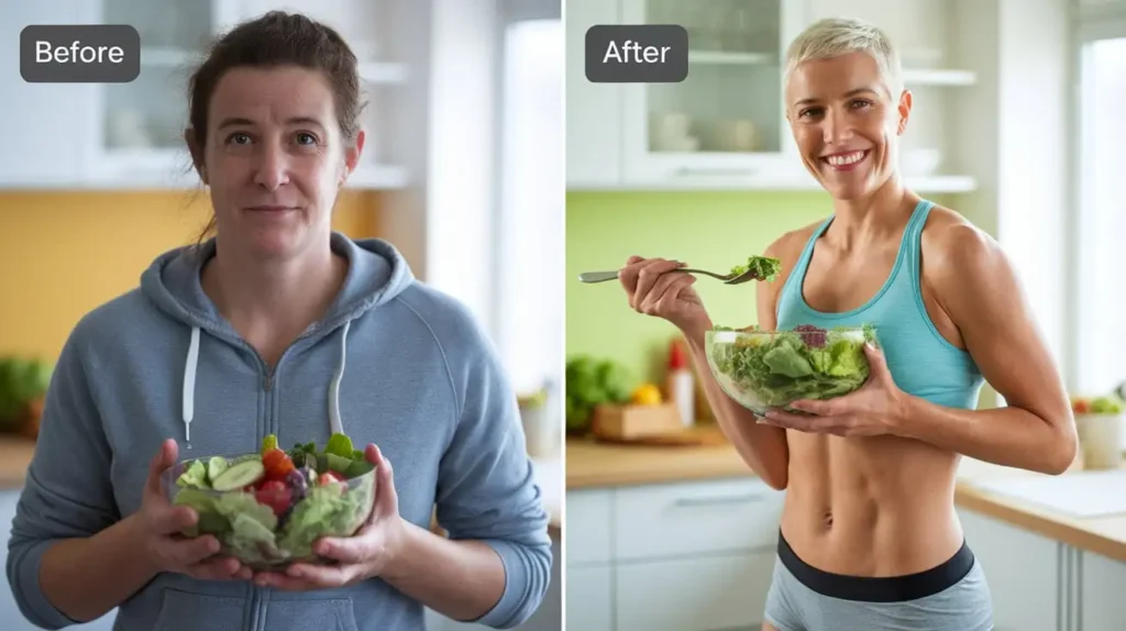 Before and after photos of individuals showcasing 21 day salad diet results