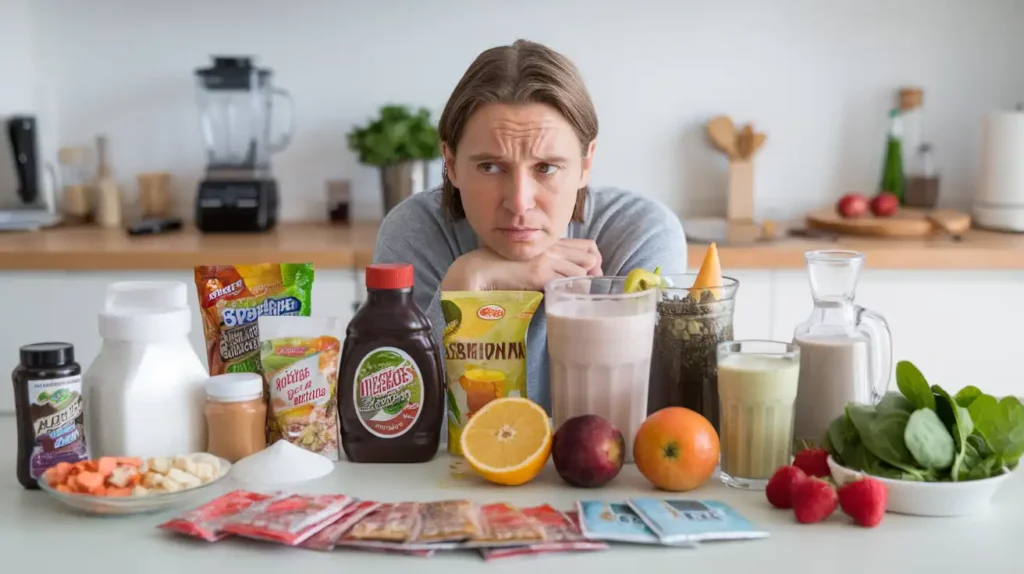 A confused person surrounded by unhealthy smoothie ingredients to represent common mistakes on the 21 Day Smoothie Diet