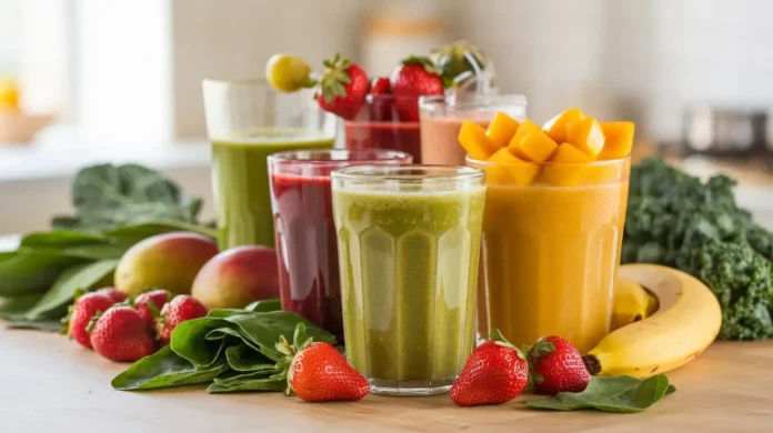 Fresh smoothies with colorful fruits for the 21 Day Smoothie Diet plan.