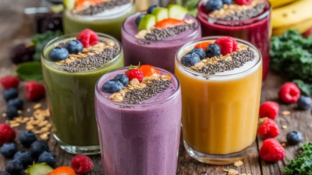 Colorful smoothie bowls and glasses highlighting the 21 Day Smoothie Diet recipes