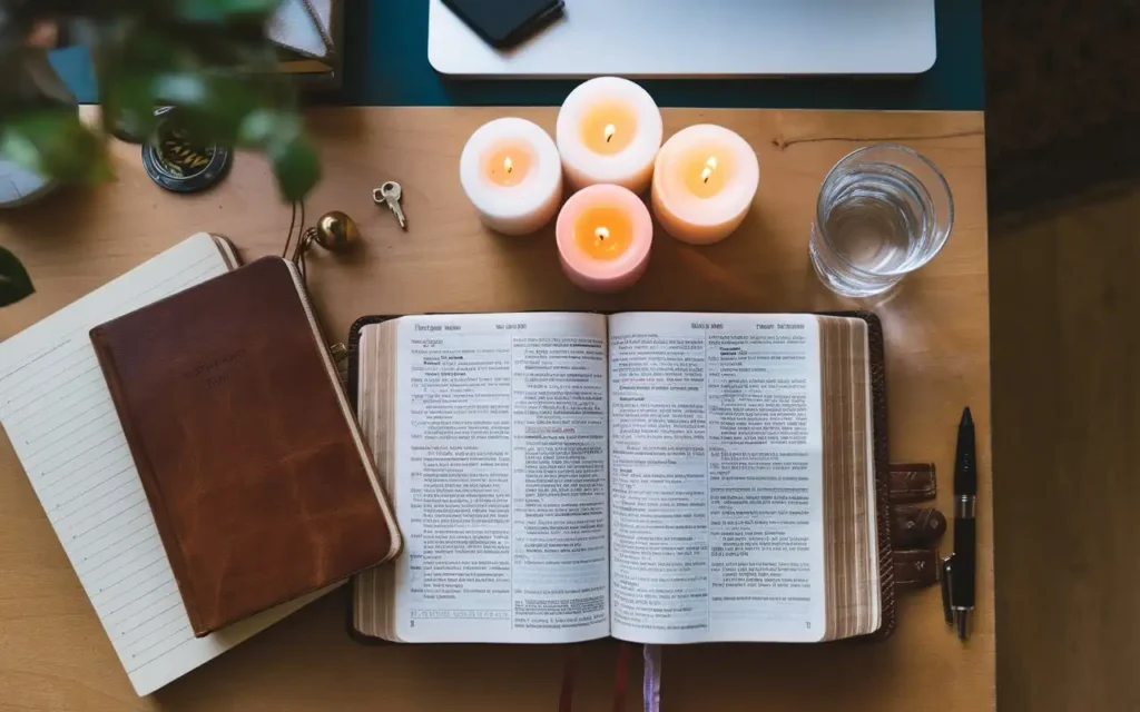 Preparation for the 21 days of prayer and fasting guide, including a Bible, journal, and candles