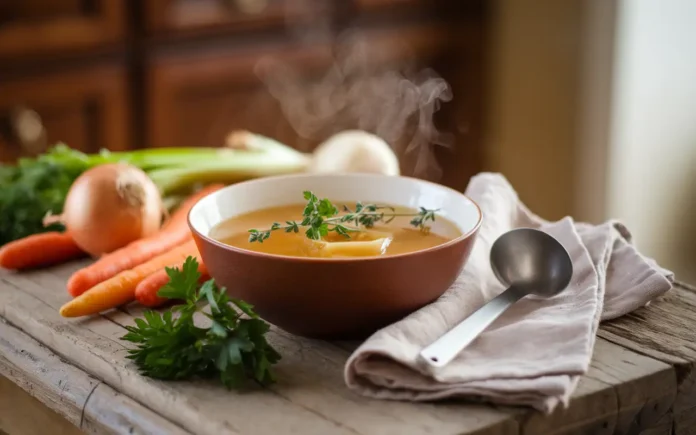 A steaming bowl of bone broth garnished with fresh herbs