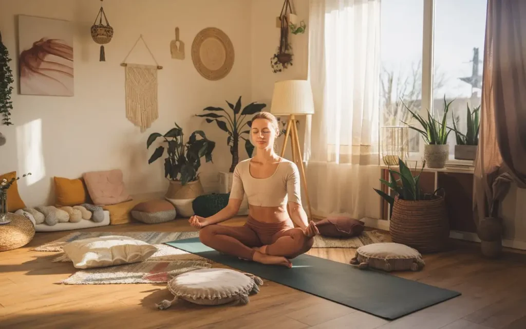 A calm woman meditating and overcoming challenges during a 3 days fasting and prayer plan