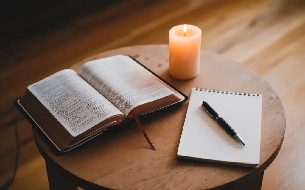 A Bible and a notepad on a table, symbolizing spiritual preparation for a 3 days fasting and prayer plan