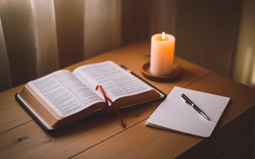 A Bible and a notepad on a table, symbolizing spiritual preparation for a 3 days fasting and prayer plan