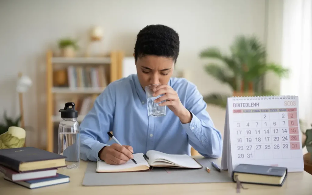 A person drinking water and journaling to prepare for a 3 days fasting and prayer plan