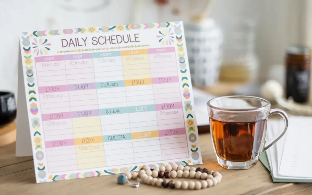 A colorful, detailed daily schedule for a 3 days fasting and prayer plan on a desk