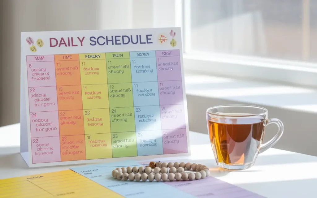 A colorful, detailed daily schedule for a 3 days fasting and prayer plan on a desk.