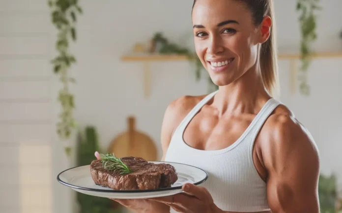 A vibrant, inspiring image of a fit and healthy woman holding a plate of steak, showcasing the results of the 30-day carnivore diet.