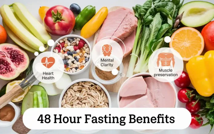 48 hour fasting benefits illustrated with a healthy meal plan and wellness icons