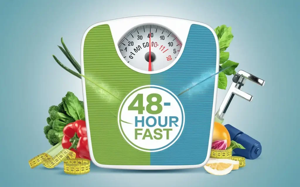 48 hour fasting benefits for weight loss showing a scale and healthy lifestyle imagery