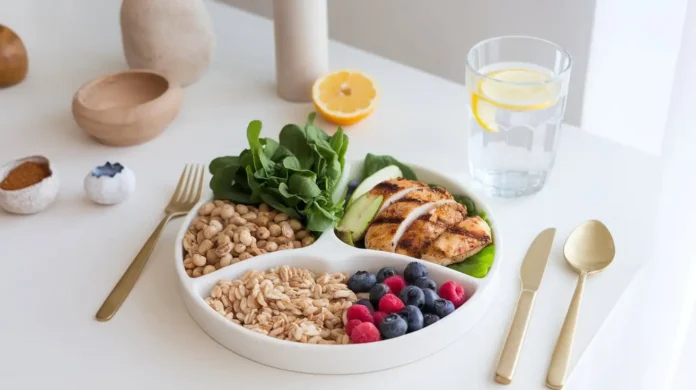 A vibrant table setting with fresh, ADHD-friendly foods including vegetables, proteins, and grains.