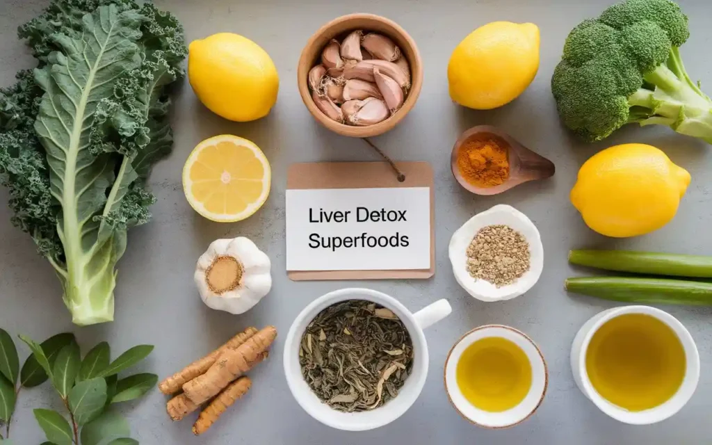 An assortment of liver-friendly detox foods for the 7-day cleanse diet menu