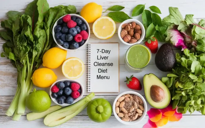 Fresh, vibrant detox foods arranged to represent the 7-day liver cleanse diet menu