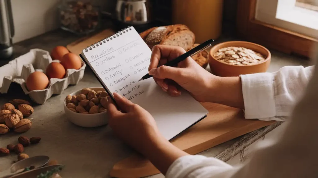 Person planning a 7 day weight gain diet with a notepad and nutritious food items