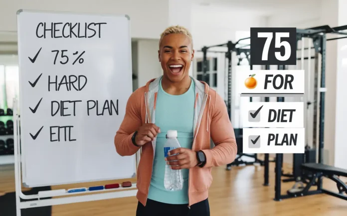 A person holding a water bottle, with a checklist for the 75 Hard Diet Plan in the background