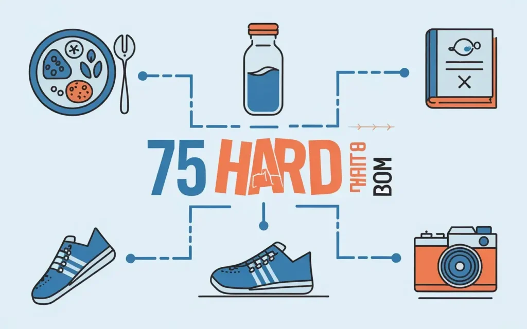 A sleek infographic showing the core elements of the 75 Hard Diet Plan