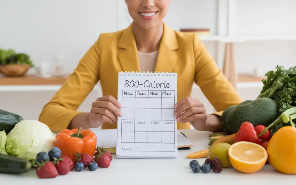 Dietitian preparing an 800 calorie meal plan with fresh vegetables