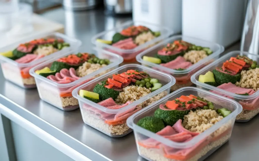 Prepped 800 calorie diet plan meals in containers for a week