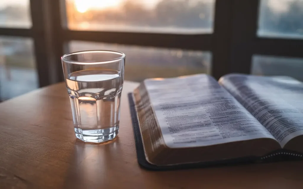 A depiction of an absolute fast with a glass of water and a Bible.
