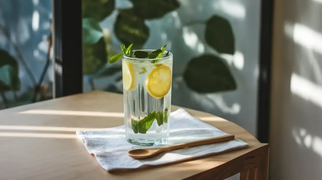 A refreshing glass of water with lemon and mint, part of an  ADHD-friendly diet. 5 rules for an adhd-friendly diet