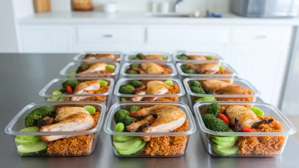 Meal prep containers with ADHD-friendly meals including proteins, vegetables, and whole grains