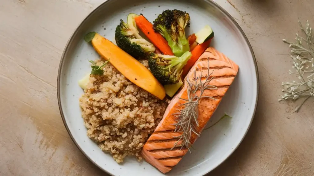 A balanced meal with whole grains, vegetables, and lean proteins for ADHD management