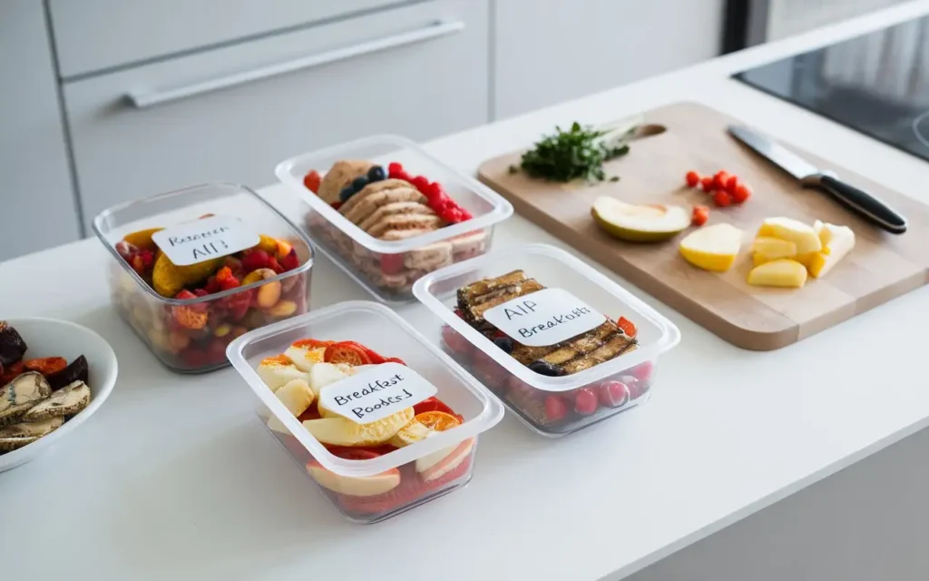 A meal prep setup with labeled AIP diet breakfast containers