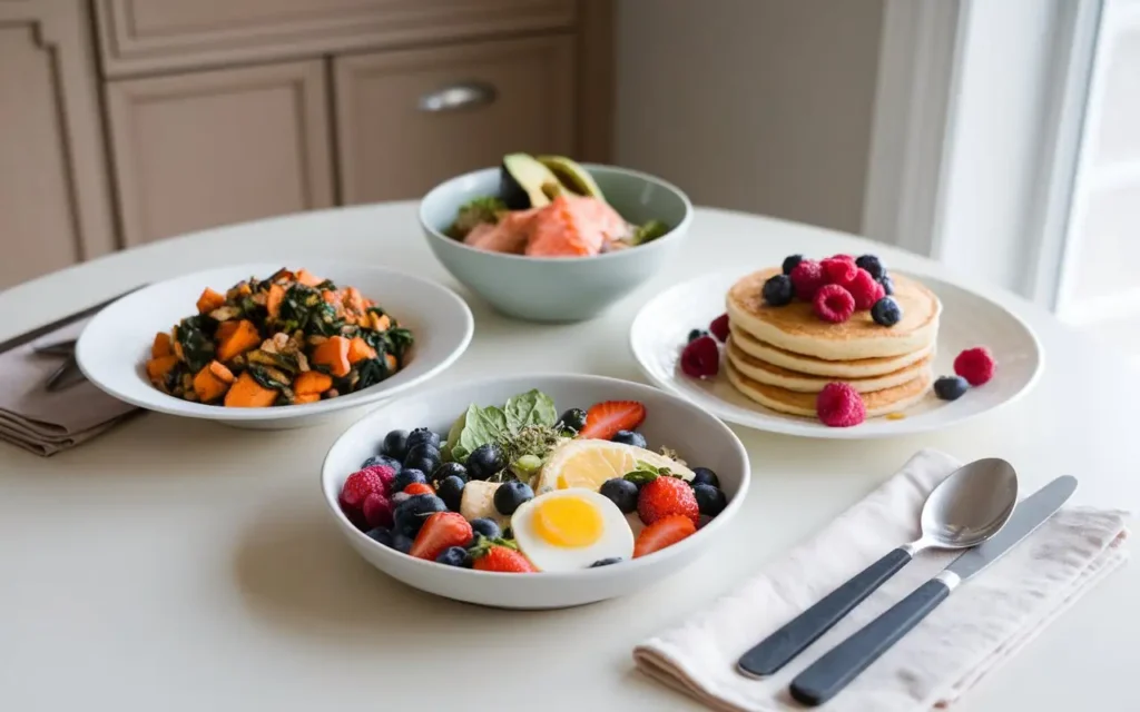 Three AIP diet breakfast dishes, including sweet potato hash, avocado bowls, and coconut pancakes