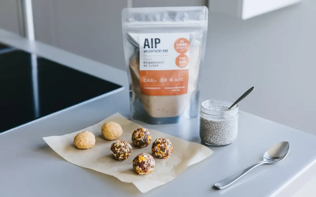 Grab-and-go AIP breakfast options like smoothie packs and protein balls