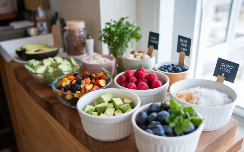 A customizable AIP breakfast setup with toppings like fruits, vegetables, and herbs