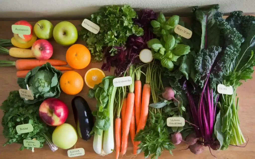 A variety of fresh vegetables and fruits, illustrating the benefits of an AIP diet breakfast