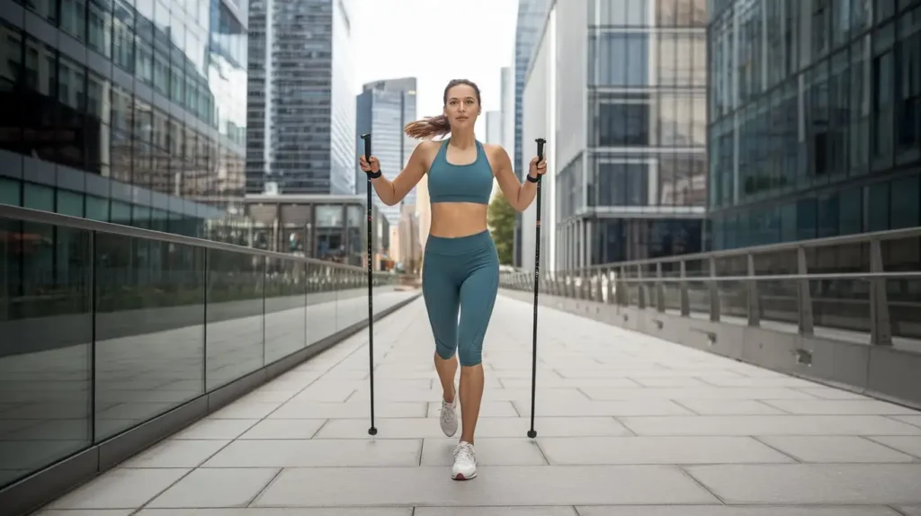 Woman practicing aip diet meal plan along a city walkway