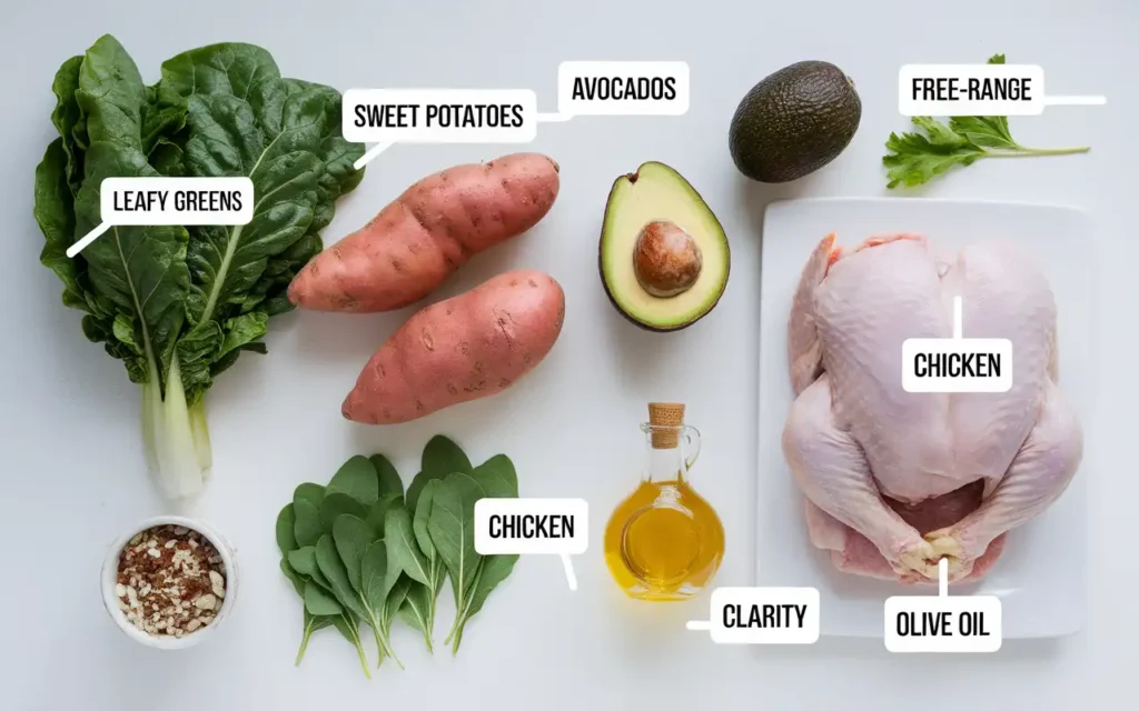 A flat lay of AIP-approved foods like fresh vegetables, meats, and healthy oils