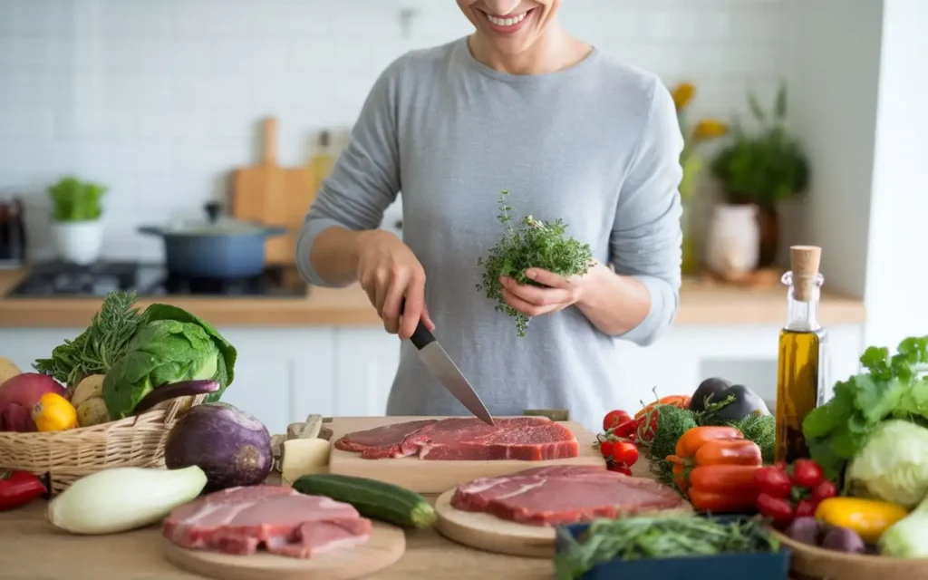 A happy person cooking an AIP-friendly meal, emphasizing health benefits