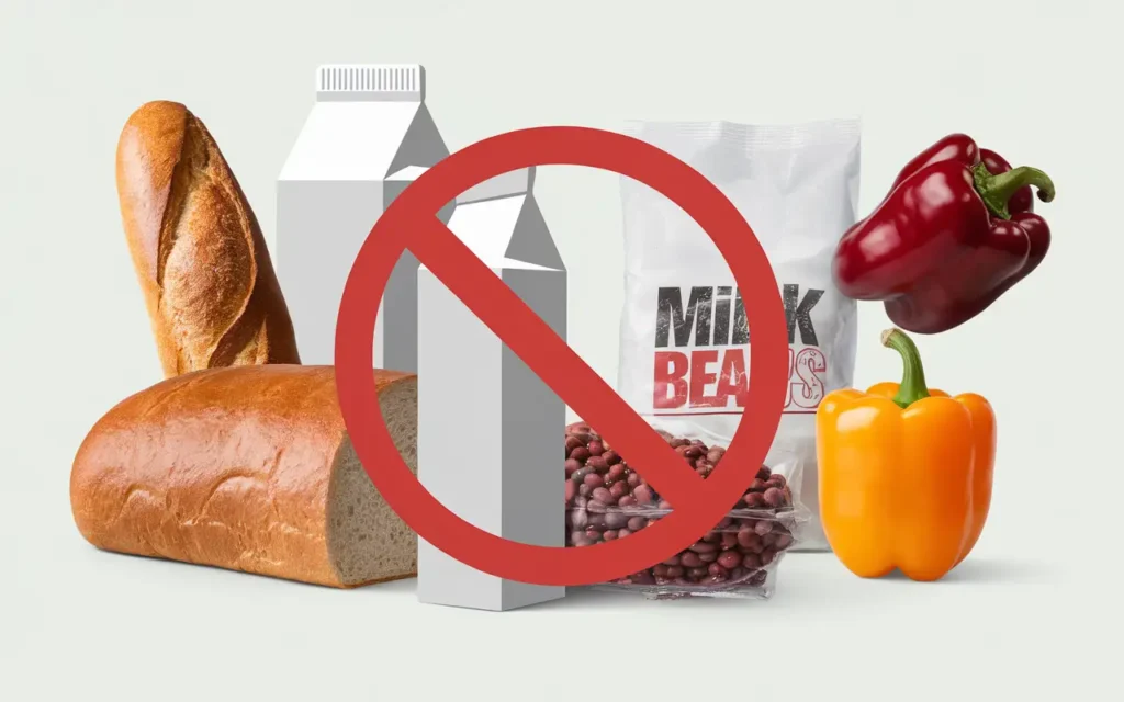 A list of foods to avoid on the AIP diet plan, with icons and warnings