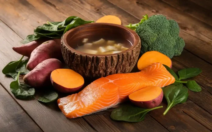 A colorful display of fresh, AIP-friendly foods arranged on a wooden table