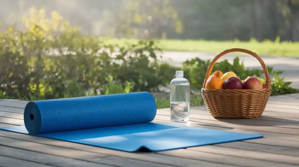 A person doing yoga with fresh fruits and water nearby