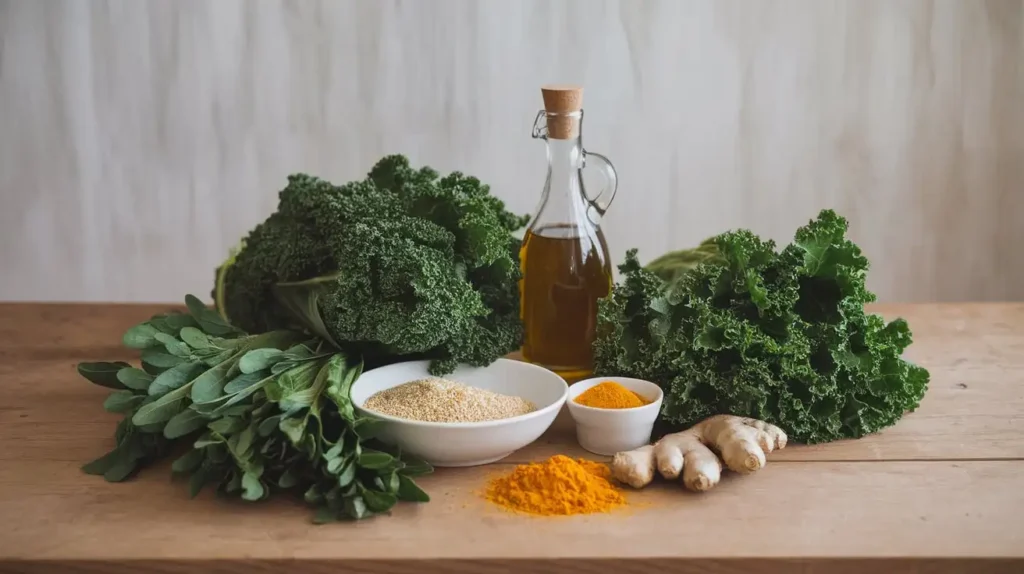 Fresh vegetables, whole grains, and healthy fats on a table