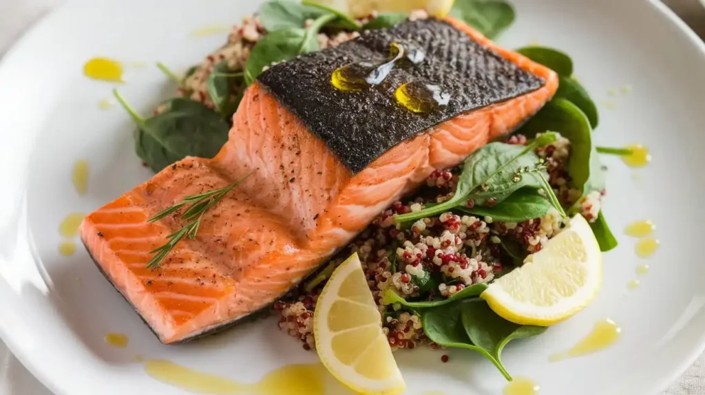 A vibrant anti inflammatory meal with salmon, quinoa, and greens.