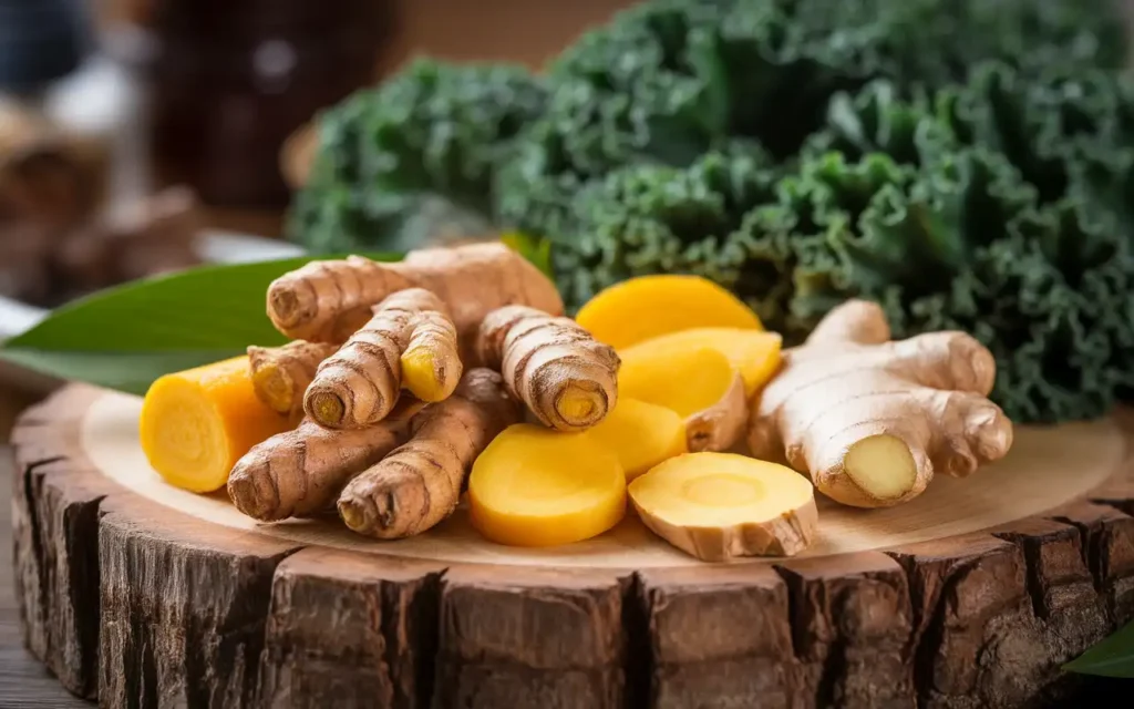 A selection of anti-inflammatory foods such as turmeric, ginger, and leafy greens displayed on a wooden cutting board.