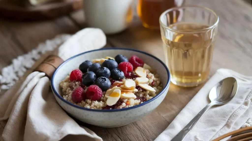 A nourishing autoimmune diet breakfast bowl with quinoa, berries, and almonds.