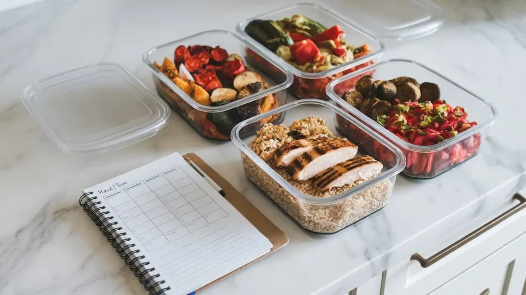 Meal prep for autoimmune diet recipes with neatly arranged containers of healthy meals