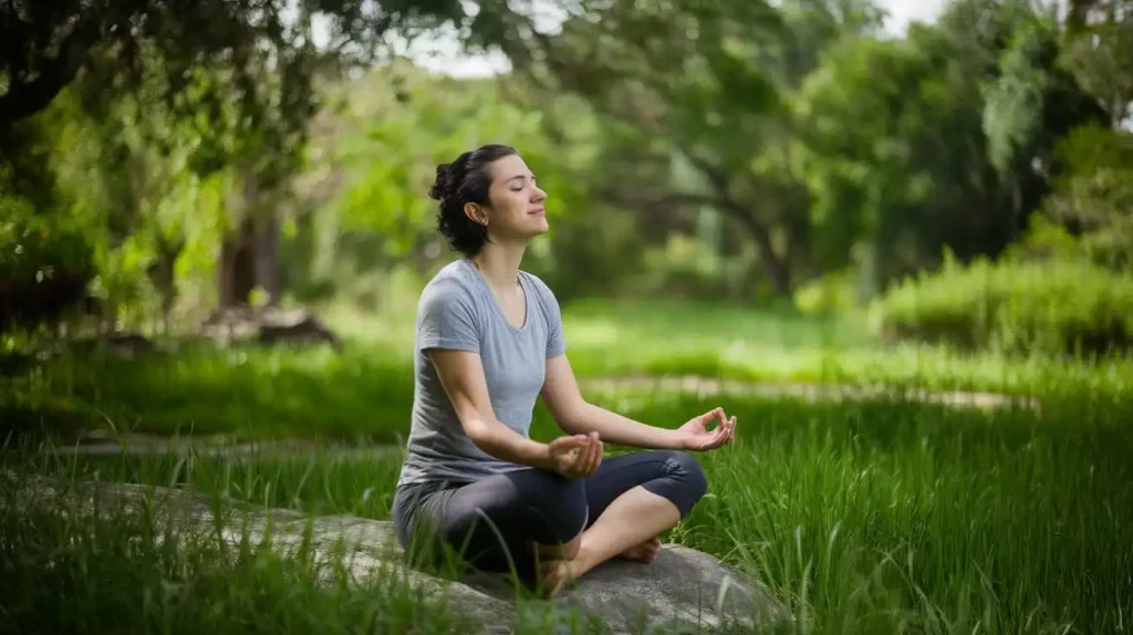 A serene person meditating in nature, symbolizing the mental clarity benefits of the ayahuasca diet