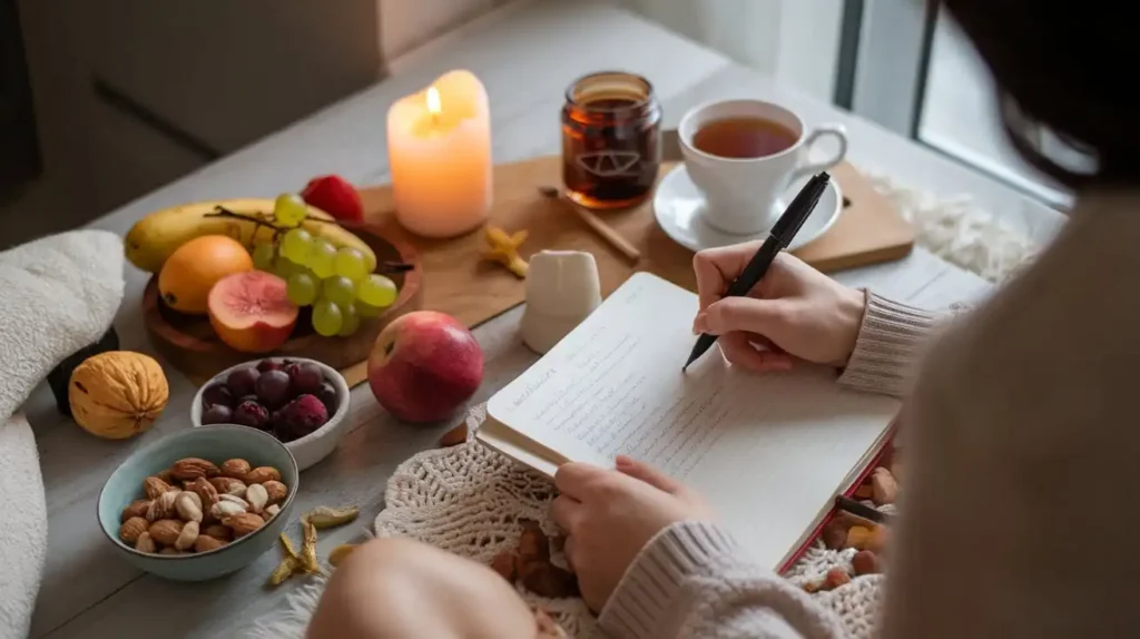 A person journaling with healthy snacks nearby, preparing for an ayahuasca ceremony