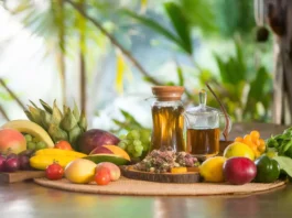 A vibrant table of fresh fruits, vegetables, and herbal tea to symbolize the ayahuasca diet preparation