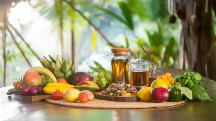 A vibrant table of fresh fruits, vegetables, and herbal tea to symbolize the ayahuasca diet preparation