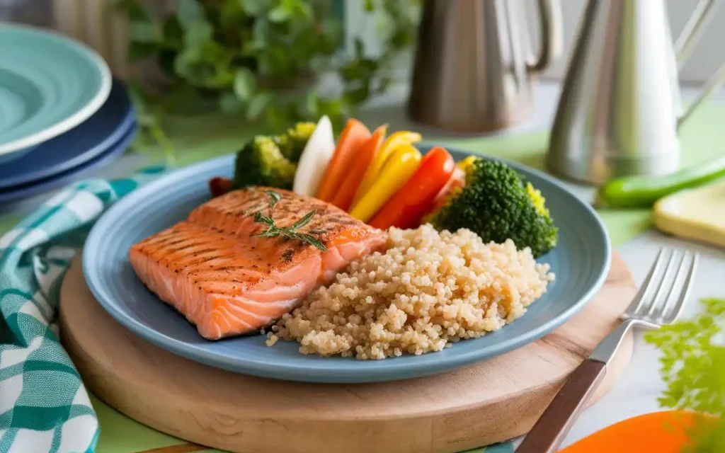 A balanced meal for a healthy gut diet plan, including quinoa, salmon, and vegetables