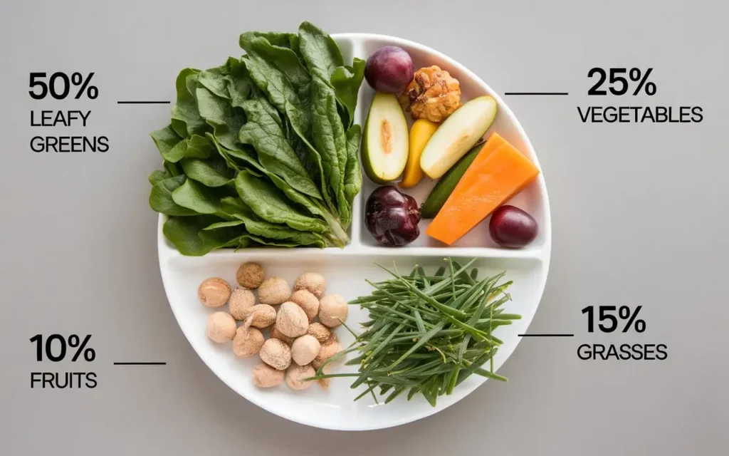 A balanced plate for a Russian tortoise showing leafy greens, vegetables, and safe fruits